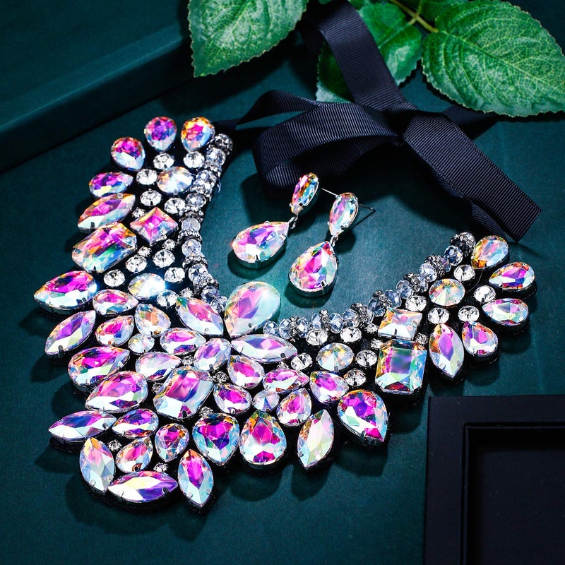 Flyonce Costume Jewelry for Women, Rhinestone Crystal Statement Necklace Earrings Set Iridescent Clear AB Silver-Tone - Image 4
